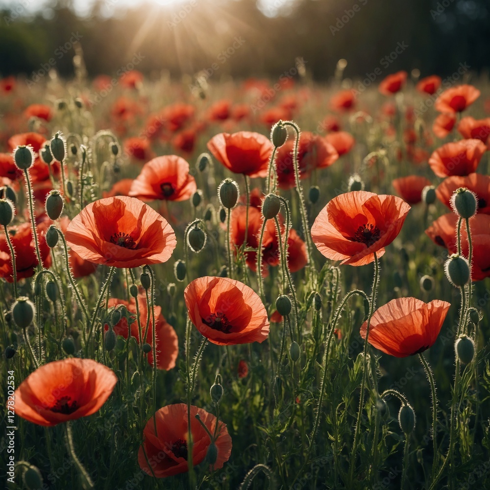Obraz premium A field of red poppies swaying in the breeze, petals slightly translucent under the sun, transparent background.