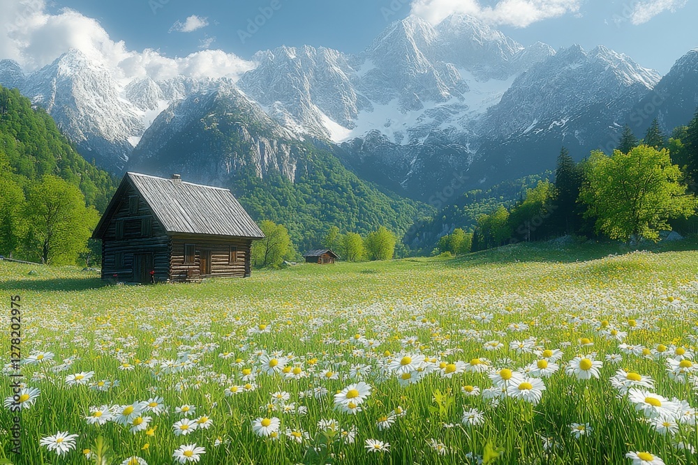 Fototapeta premium Idyllic mountain cabin nestled in a vibrant daisy field, majestic snow-capped peaks forming a breathtaking backdrop.