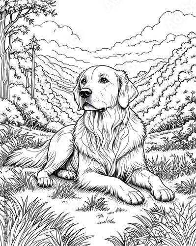 Golden retriever dog coloring page design, cute puppy outline for children book, happy pet character sketch for preschool education, friendly animal doodle illustration, adorable drawing in nature
