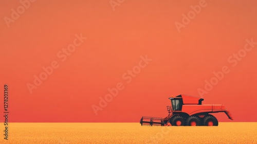 Harvesting machine stands alone against vibrant sunset sky, show