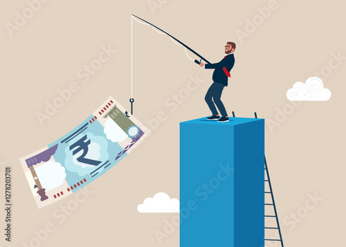 Businessman catching rupee bill on fishing rod. Dollar price soaring sky high hit new high record concept. Flat vector illustration