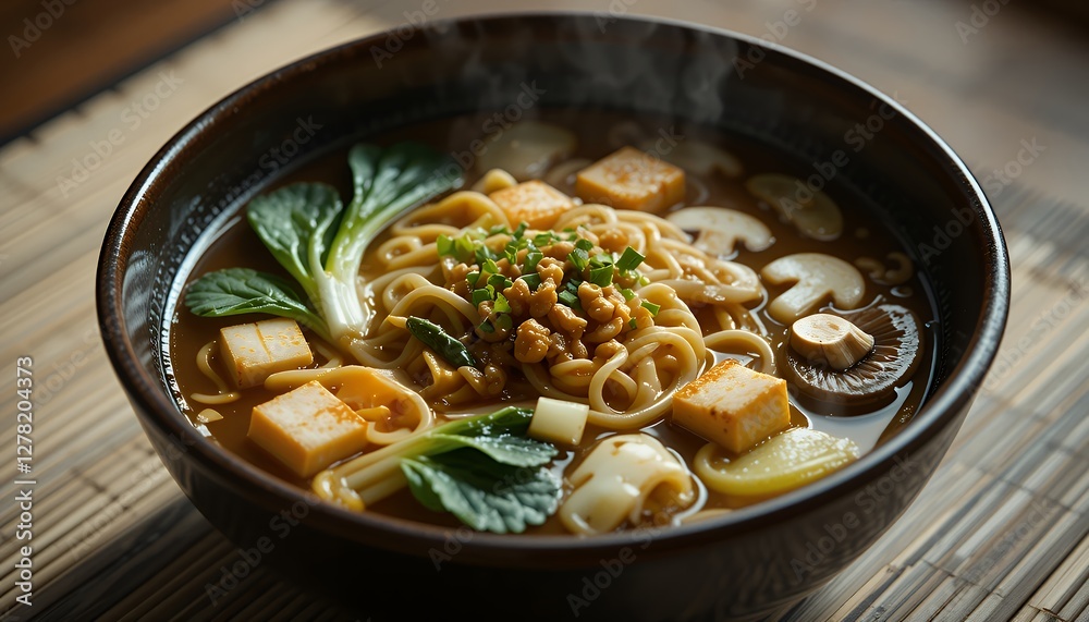 Steaming Bowl of Ramen Noodles with Tofu, Mushrooms, and Vegetables Steaming Bowl of Ramen Noodles with Tofu, Mushrooms, and Vegetables