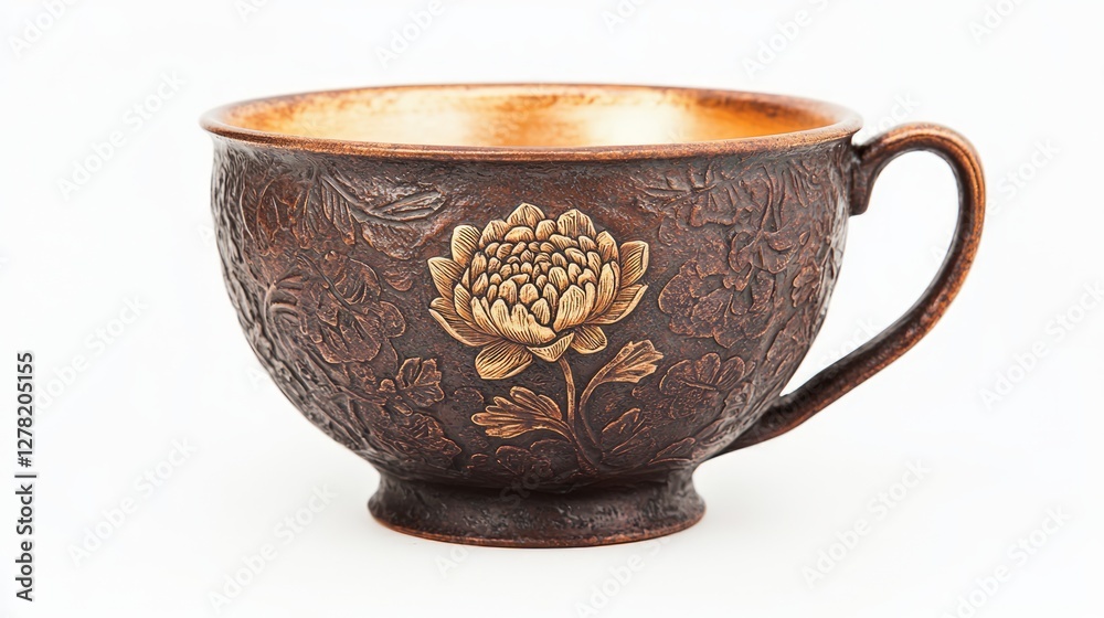 Hammered Iron Teacup with Embossed Floral Design Detail Hammered Iron Teacup with Embossed Floral Design Detail