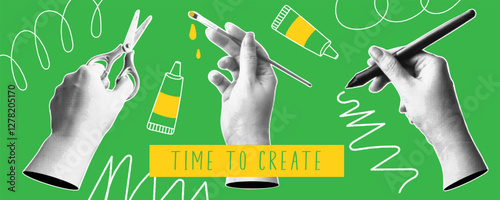 Time to create. Trendy halftone collage banner with hands holding brush, pen and scissors. Modern retro style. Retro artistic concept promoting creativity and craftsmanship. Vector illustration.