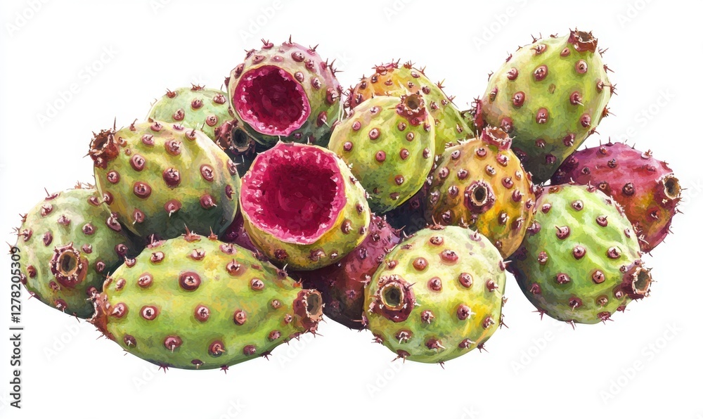 A vibrant arrangement of prickly pears showcasing their colorful skin and cut sections, with a clean background A vibrant arrangement of prickly pears showcasing their colorful skin and cut sections, with a clean background