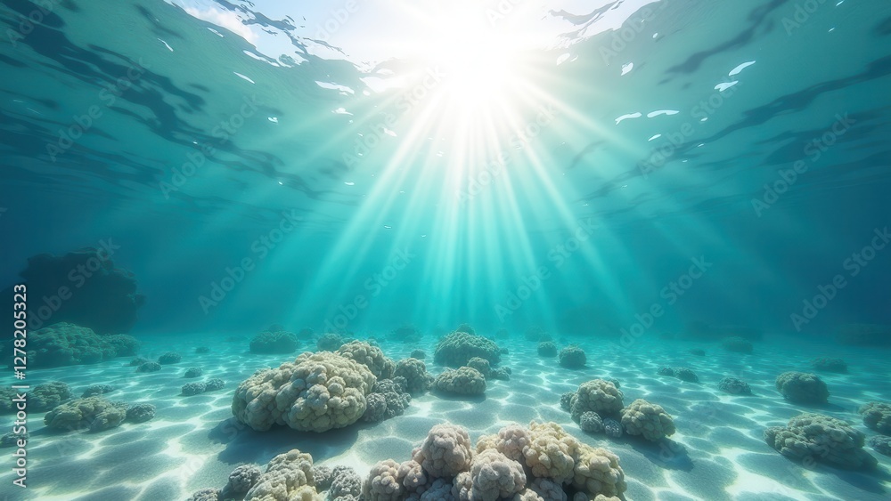 Fototapeta premium Sunlit underwater view of bleached coral reef affected by ocean warming and climate change