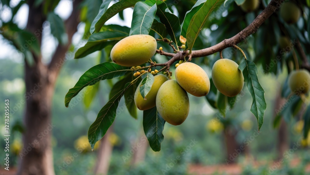 Mango tree with ripe mango fruits hanging on branches surrounded by green leaves in an orchard setting Mango tree with ripe mango fruits hanging on branches surrounded by green leaves in an orchard setting