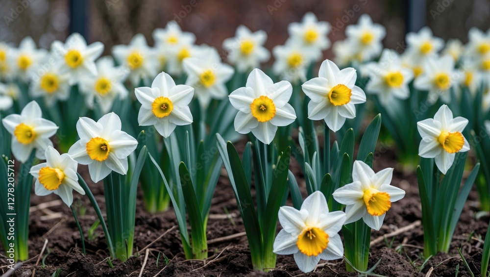 Field of blooming daffodils with white petals and yellow centers surrounded by green leaves in a garden setting during spring.
