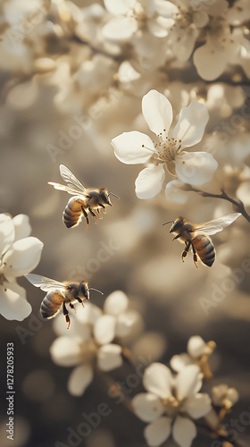 Bees in flight amongst spring blossoms photo