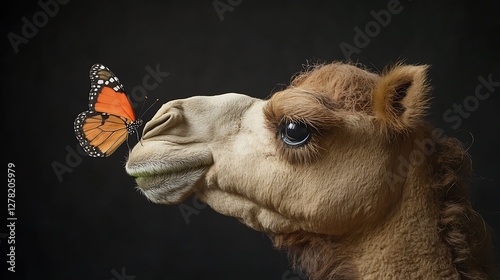 Stuffed camel with a butterfly perched on its nose