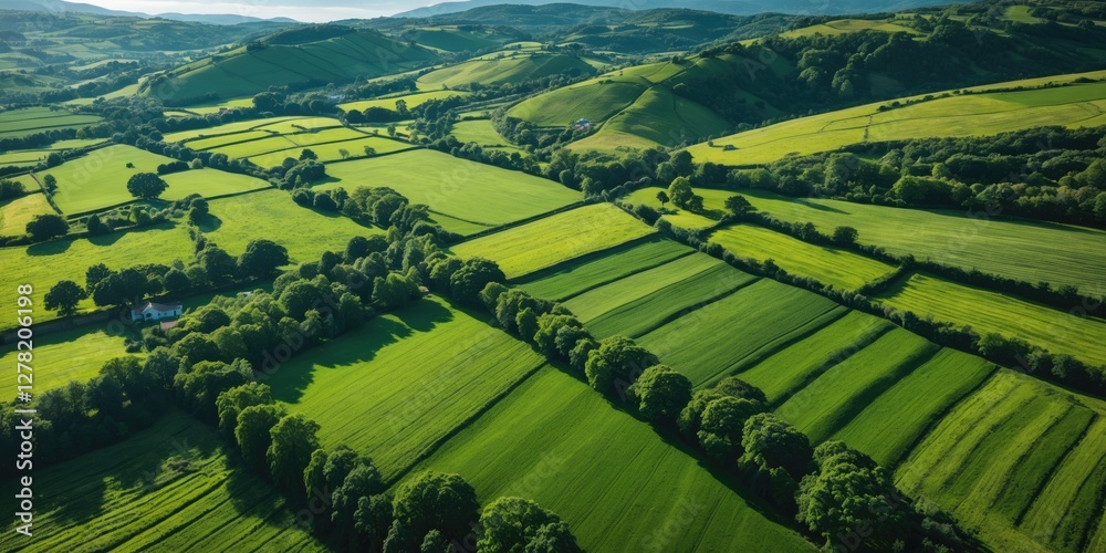 Fototapeta premium Aerial view of lush green farmland with neatly organized fields and trees under a bright sky in a rural landscape setting.