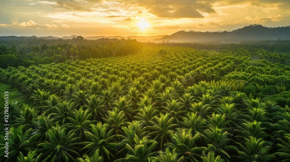 Beautiful Aerial View of Lush Green Palm Tree Plantation at Sunset in Tropical Environment