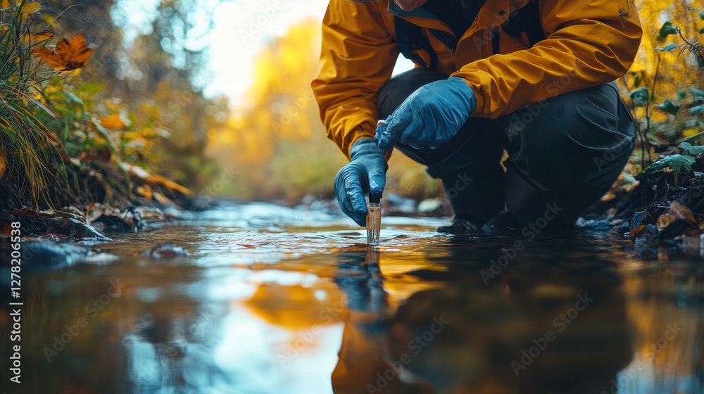 Person Collecting Water Sample from Stream in Autumn Environment Person Collecting Water Sample from Stream in Autumn Environment