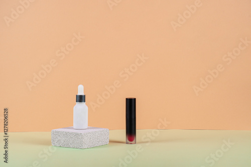 Mockup of black blank thin tube - mascara, lip gloss, gel, eyeliner, oil, etc. Cosmetic package with stylish props on cream background.