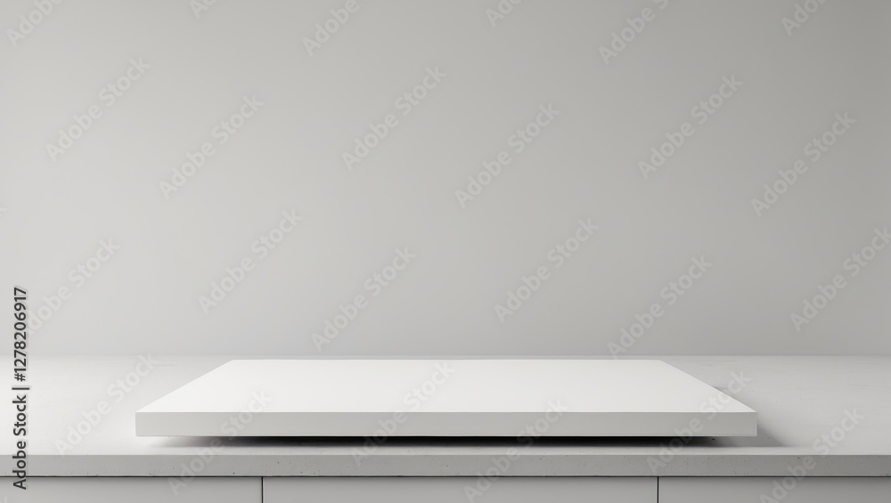 Minimalist white display platform on a light grey background for product presentations and advertising. Clean and modern design layout. Minimalist white display platform on a light grey background for product presentations and advertising. Clean and modern design layout.