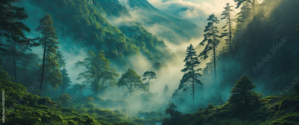 Foggy forest landscape with tall trees and lush greenery in a mountainous area during early morning light Foggy forest landscape with tall trees and lush greenery in a mountainous area during early morning light