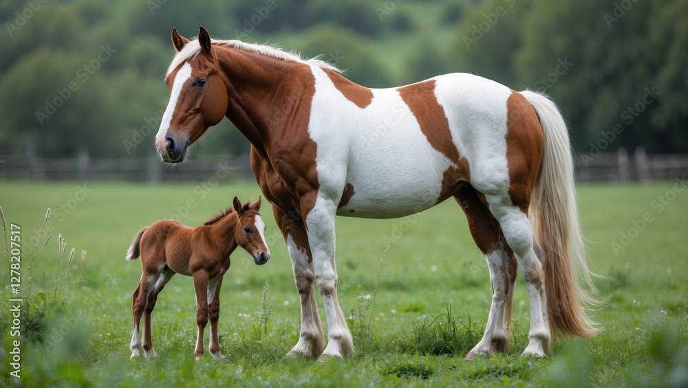 Brown and white mare horse with her young foal grazing in a lush green meadow under soft natural lighting. Brown and white mare horse with her young foal grazing in a lush green meadow under soft natural lighting.