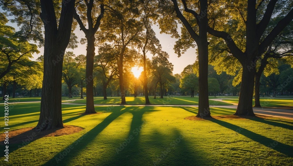 Fototapeta premium Serene Park Landscape at Sunset with Tall Trees Casting Long Shadows on Vibrant Green Grass