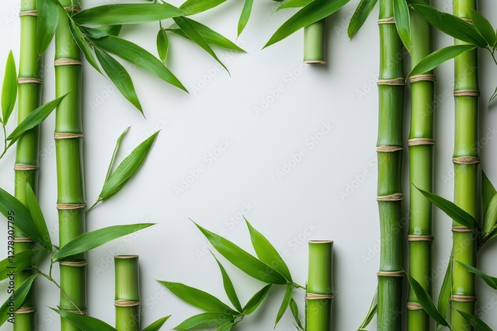 Obraz premium Serene bamboo stalks and vibrant green leaves frame a bright white space creating a natural zen atmosphere perfect for wellness and spa themes