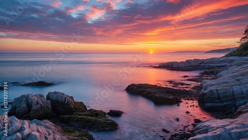 Vibrant Coastal Sunset Over Rocky Shores with Calm Waters and Dramatic Skies Illuminating the Serene Landscape.