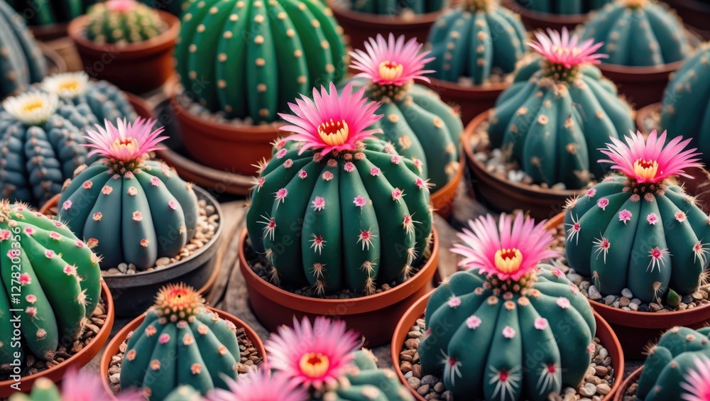 Vibrant display of circular cacti featuring beautiful pink flowers in decorative pots showcasing nature's unique beauty and color. Vibrant display of circular cacti featuring beautiful pink flowers in decorative pots showcasing nature's unique beauty and color.