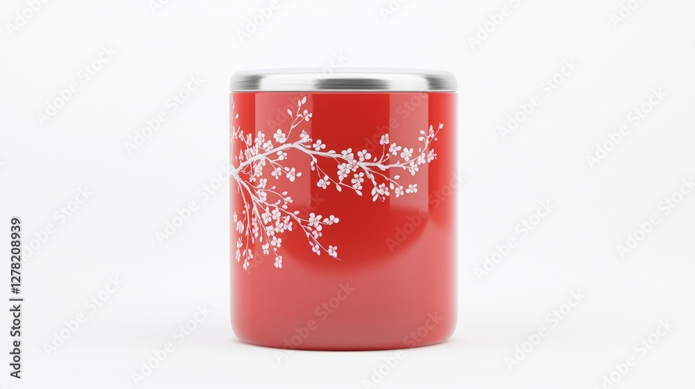 Red Cylindrical Container for Tea with Floral Design on Surface Red Cylindrical Container for Tea with Floral Design on Surface