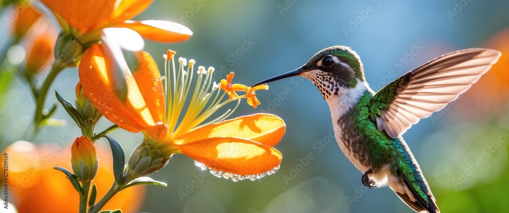 Fototapeta premium Vibrant hummingbird delicately feeding on a bright orange flower under natural sunlight in a colorful garden setting.