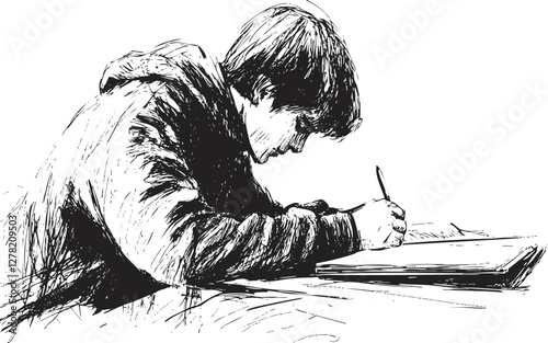 Black and white sketch of a boy writing in a notebook.