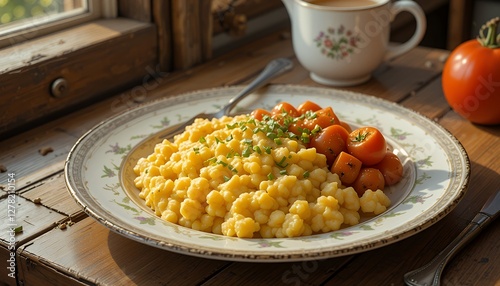 Serving of SpÃ¤tzle with Tomatoes and Chives on a Decorative Plate photo
