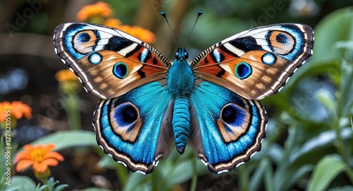 Vibrant Peacock Butterfly Displaying Stunning Eyespot Patterns Amidst Blooming Garden Flowers photo