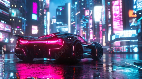 Cyberpunk photo of a surreal depiction of a futuristic cityscape with flying cars and towering skyscrapers