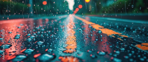 Rainy Road Reflection with Water Droplets on Glass Creating a Dreamy Atmosphere and Room for Text Overlay