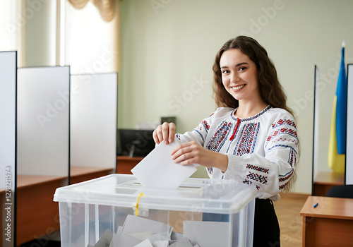 Young woman voting at a polling station with a Ukrainian flag in the background
