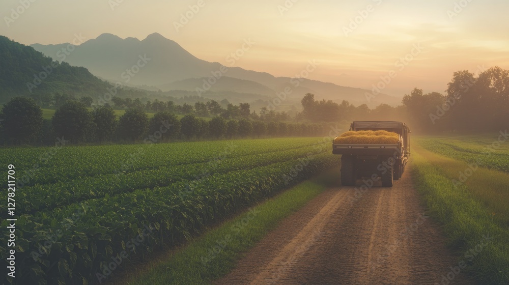 Fototapeta premium Tractor drives through lush fields at sunrise, creating serene a