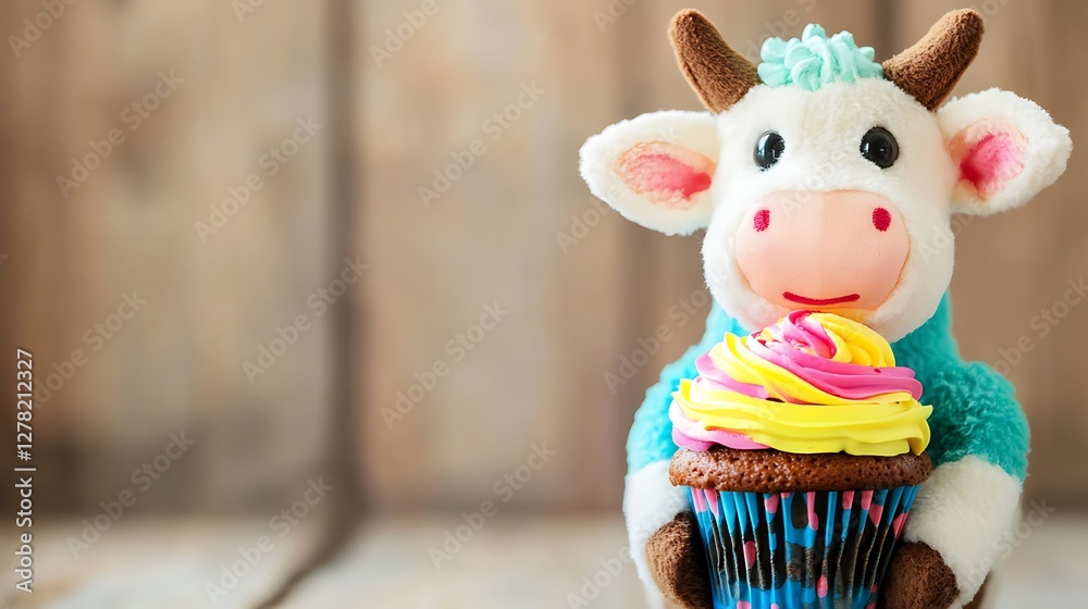 Fototapeta premium Stuffed cow holding a cupcake with colorful frosting