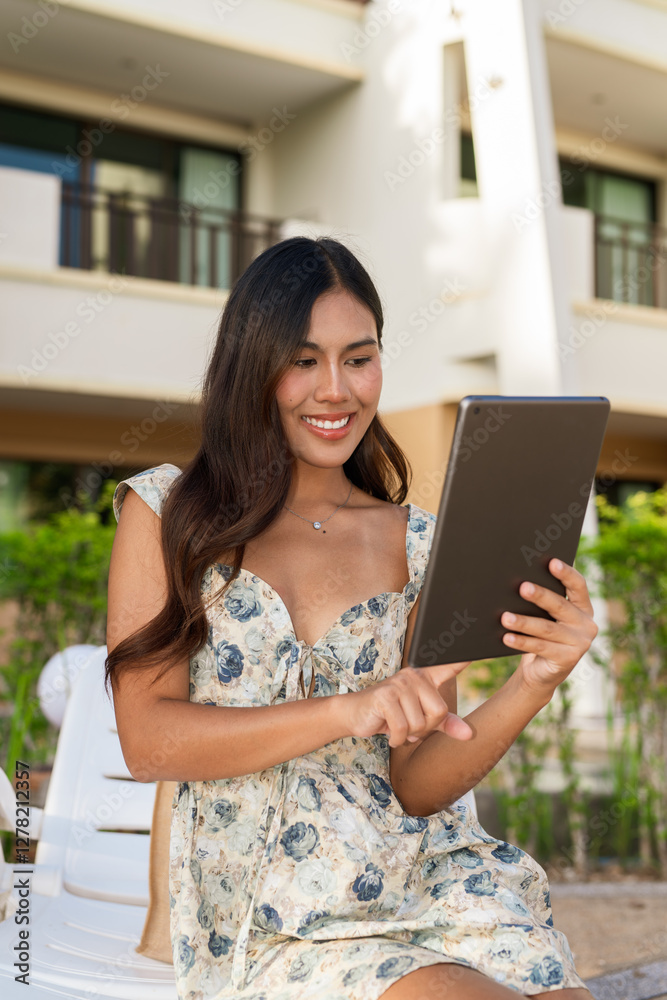 Young woman sitting and using tablet computer Young woman sitting and using tablet computer