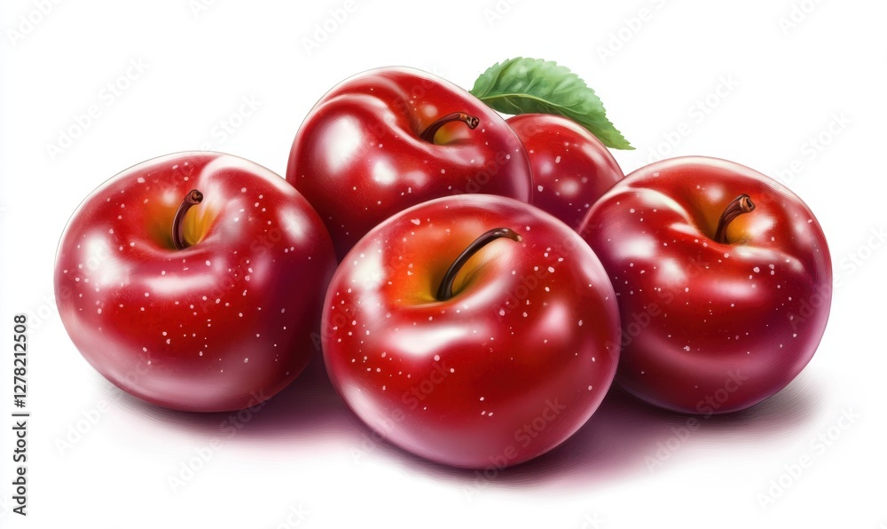 A vibrant display of fresh red apples grouped together on a white background, highlighting their glossy texture A vibrant display of fresh red apples grouped together on a white background, highlighting their glossy texture