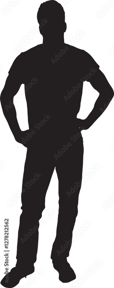 vector; silhouette; front view of a young man looking at camera and arms akimbo vector; silhouette; front view of a young man looking at camera and arms akimbo