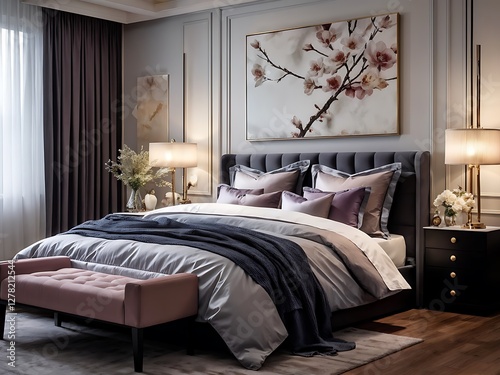 Elegant Bedroom Interior Design with Plush Bed and Floral Artwork