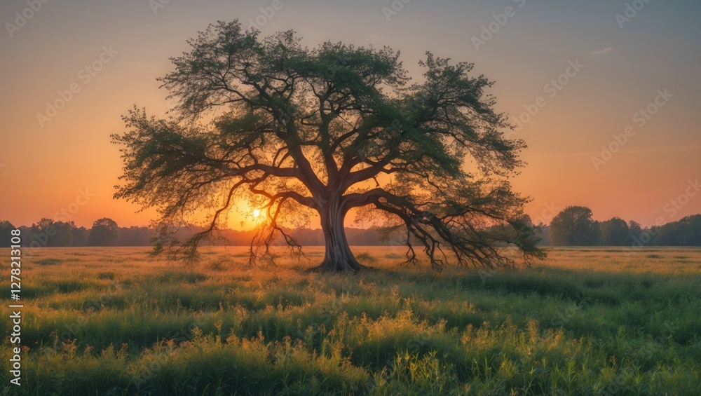 Majestic Silhouette of an Abandoned Tree Against a Vibrant Sunset in a Lush Meadow Landscape Majestic Silhouette of an Abandoned Tree Against a Vibrant Sunset in a Lush Meadow Landscape