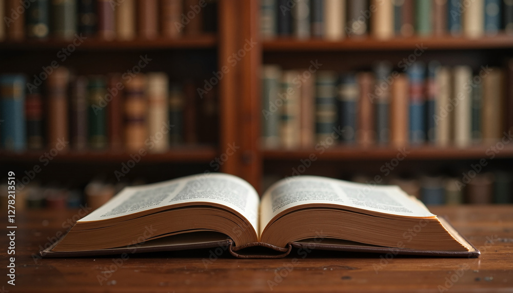 Open book on library desk with blurred background of antique bookshelves
