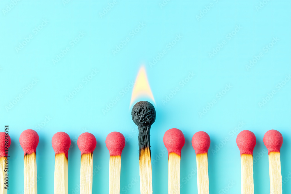 One different burning burnt match stands out of crowd among others. Burnout from work. Business and job concept on blue background. One different burning burnt match stands out of crowd among others. Burnout from work. Business and job concept on blue background.