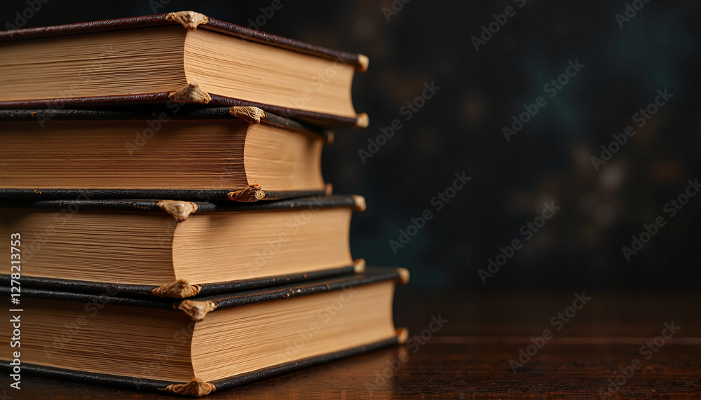 Huge stack of old books with aged pages and leather bindings, dramatic lighting highlighting texture