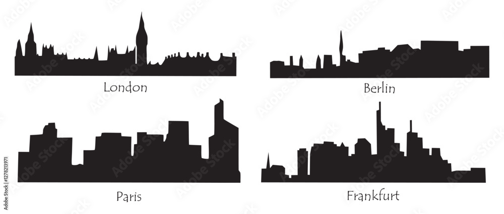 Naklejka premium Skyline silhouettes of Europe cities, including London, Paris, Berlin, and Frankfurt. The cityscape silhouettes are drawn in black and white and are of varying heights