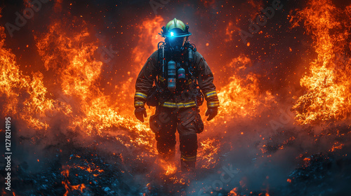 Firefighter battles sentient blue flames while rescuing individual from a burning structure in a high-stakes sci-fi scenario