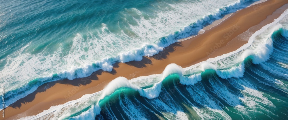 Obraz premium Aerial View of Waves Crashing on Golden Shoreline with Foam and Deep Blue Ocean in Bright Natural Light. Serene Coastal Landscape.