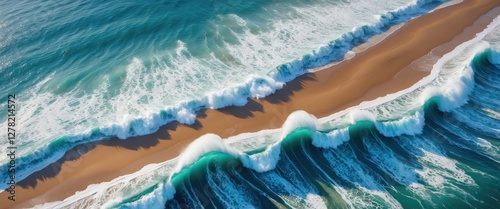 Aerial View of Waves Crashing on Golden Shoreline with Foam and Deep Blue Ocean in Bright Natural Light. Serene Coastal Landscape.