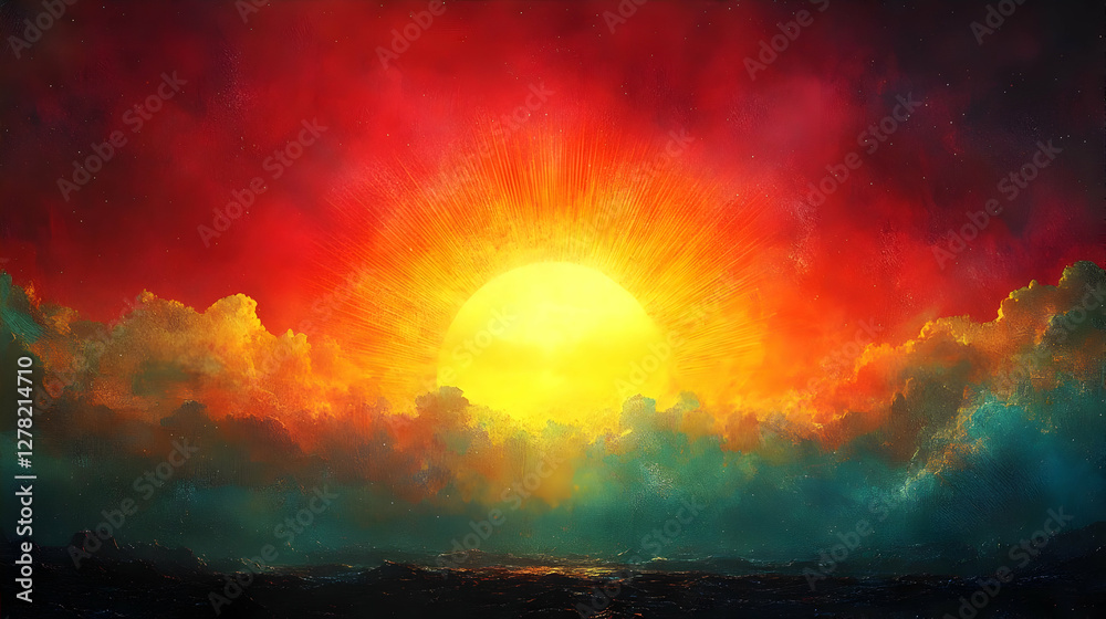 Naklejka premium Vibrant Sunrise Sky with Golden Sun and Clouds Over Cityscape with Warm Lighting