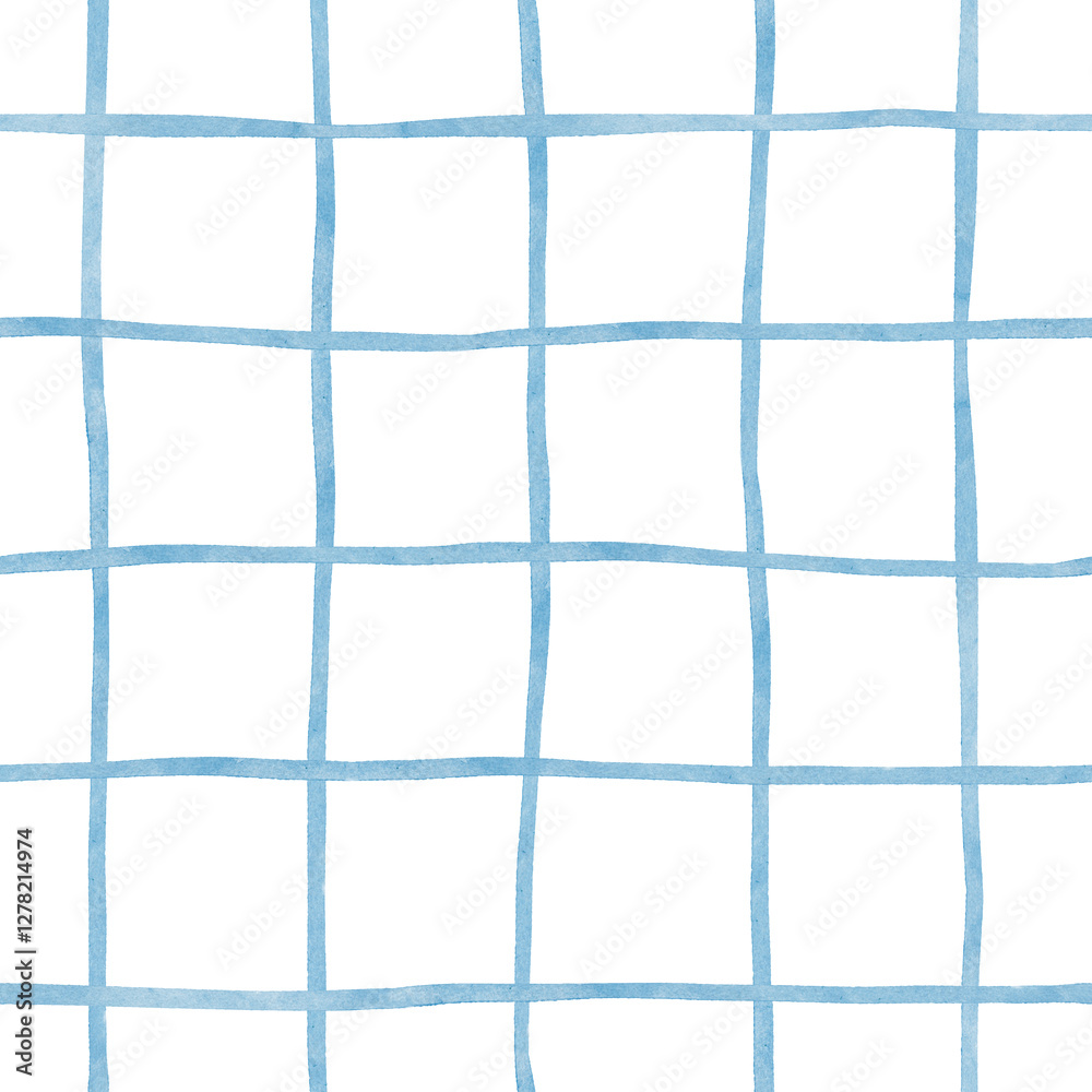 Fototapeta premium Watercolour Hand-Drawn Plaid Seamless Pattern. Romantic Artistic Cottagecore Chess. Homestead Farmhouse Print. Pastel Summer Graphic Background. Light blue checkered repeat pattern