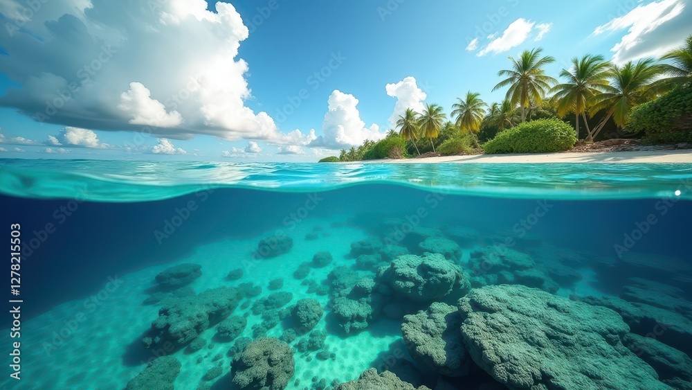 Split view of tropical island and underwater coral reef in clear blue water under sunny sky Split view of tropical island and underwater coral reef in clear blue water under sunny sky